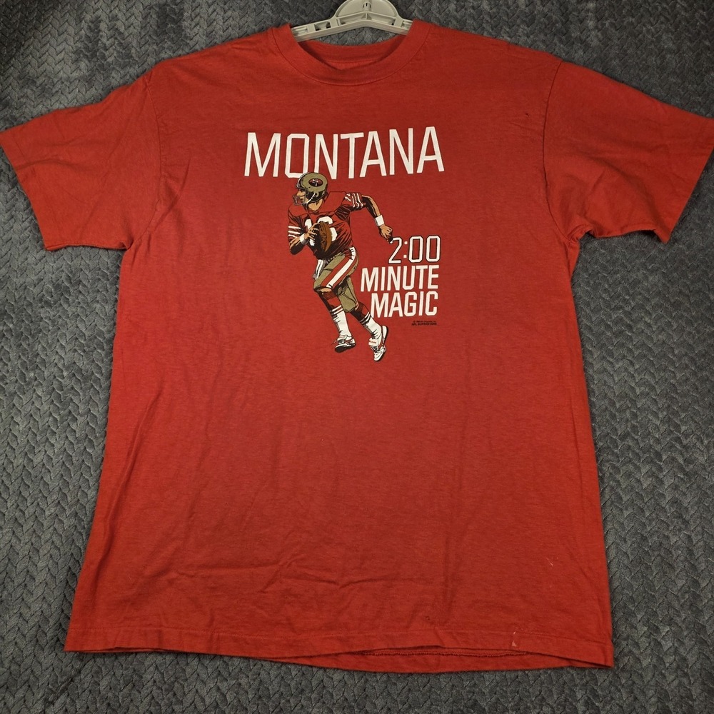 Vintage 1989 San Francisco 49ers Joe Montana 2 Minute Magic T-Shirt Men's XL Red